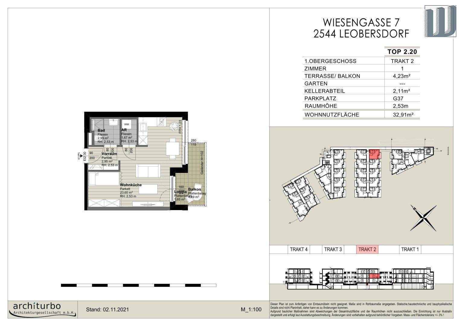 Grundriss der Wohnung Top 2.20 mit Wohnküche, Balkon und Kellerabteil.