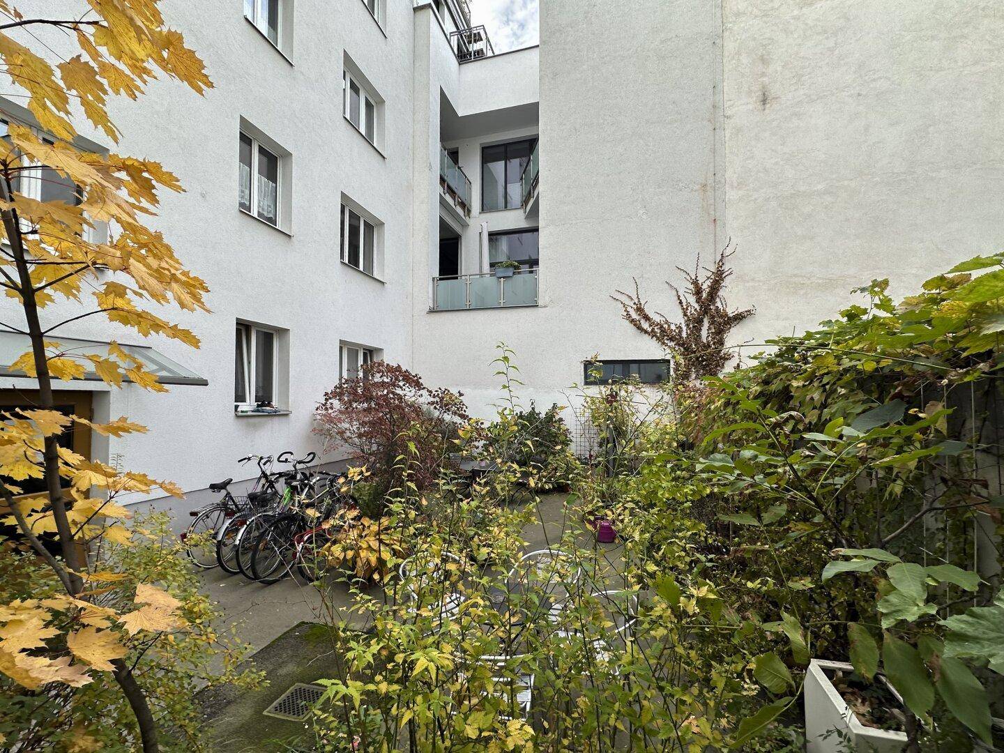 Begrünter Innenhof mit Fahrradabstellplätzen und vielfältiger Bepflanzung, bietet eine grüne Oase.