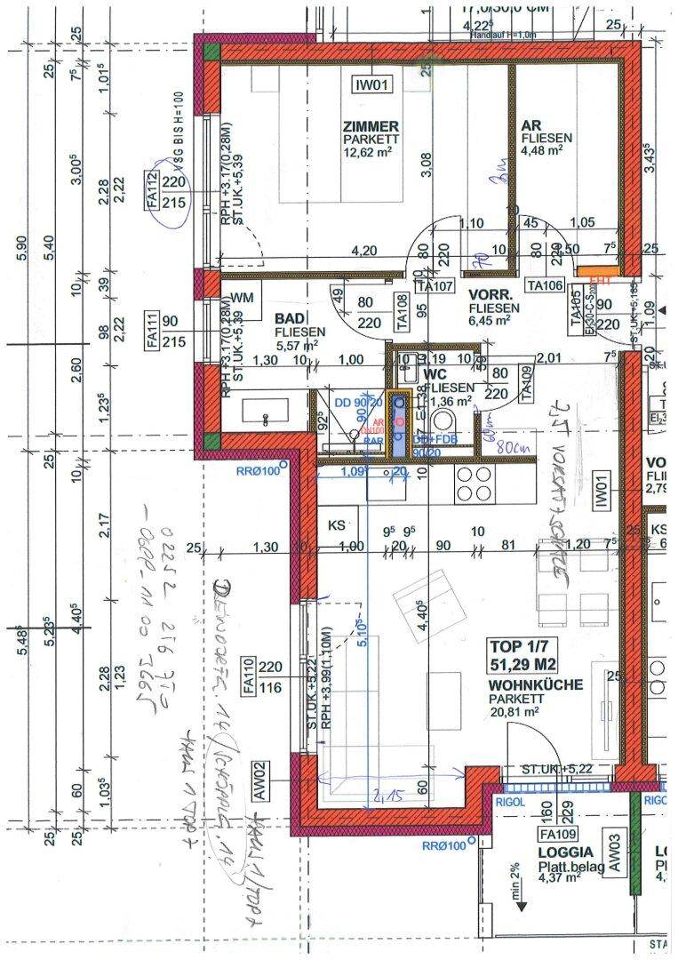 Detaillierter Grundriss der Wohnung mit Raumaufteilung und Maßen.