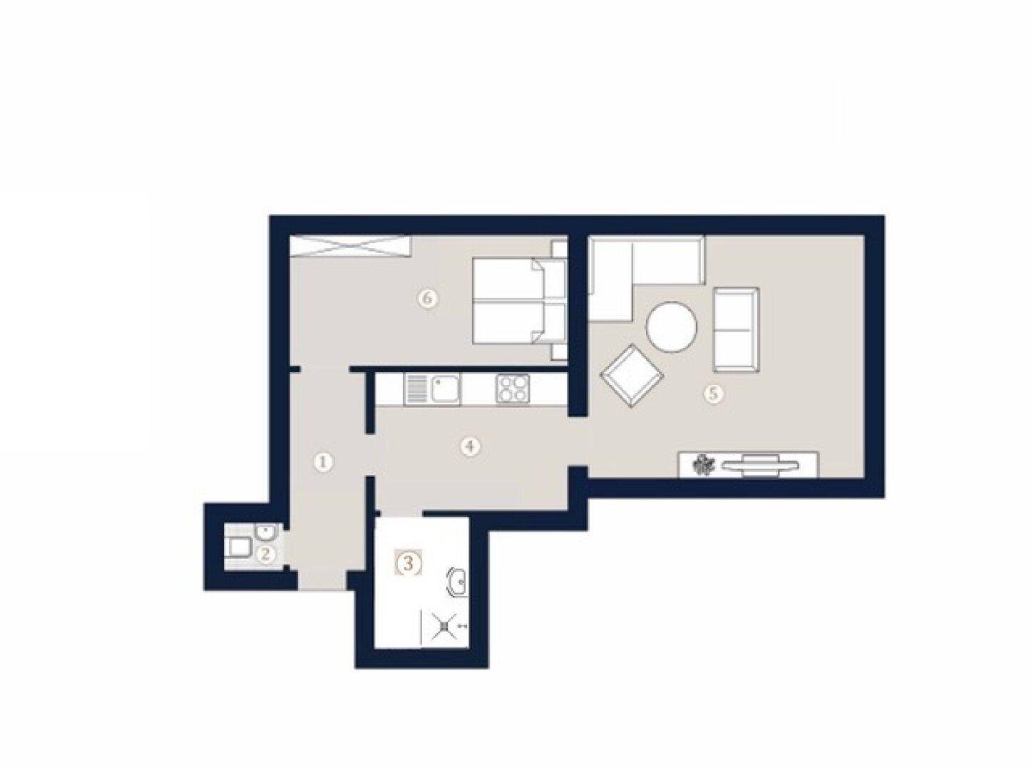 Grundriss einer Wohnung mit Wohnbereich, Schlafzimmer und separatem Bad.