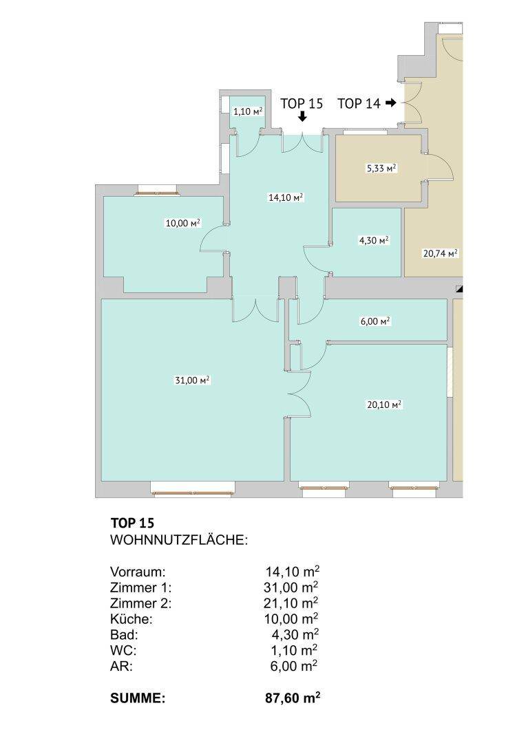Grundriss der Wohnung Top 15 mit detaillierten Raummaßen und Gesamtfläche von 87,60 m².