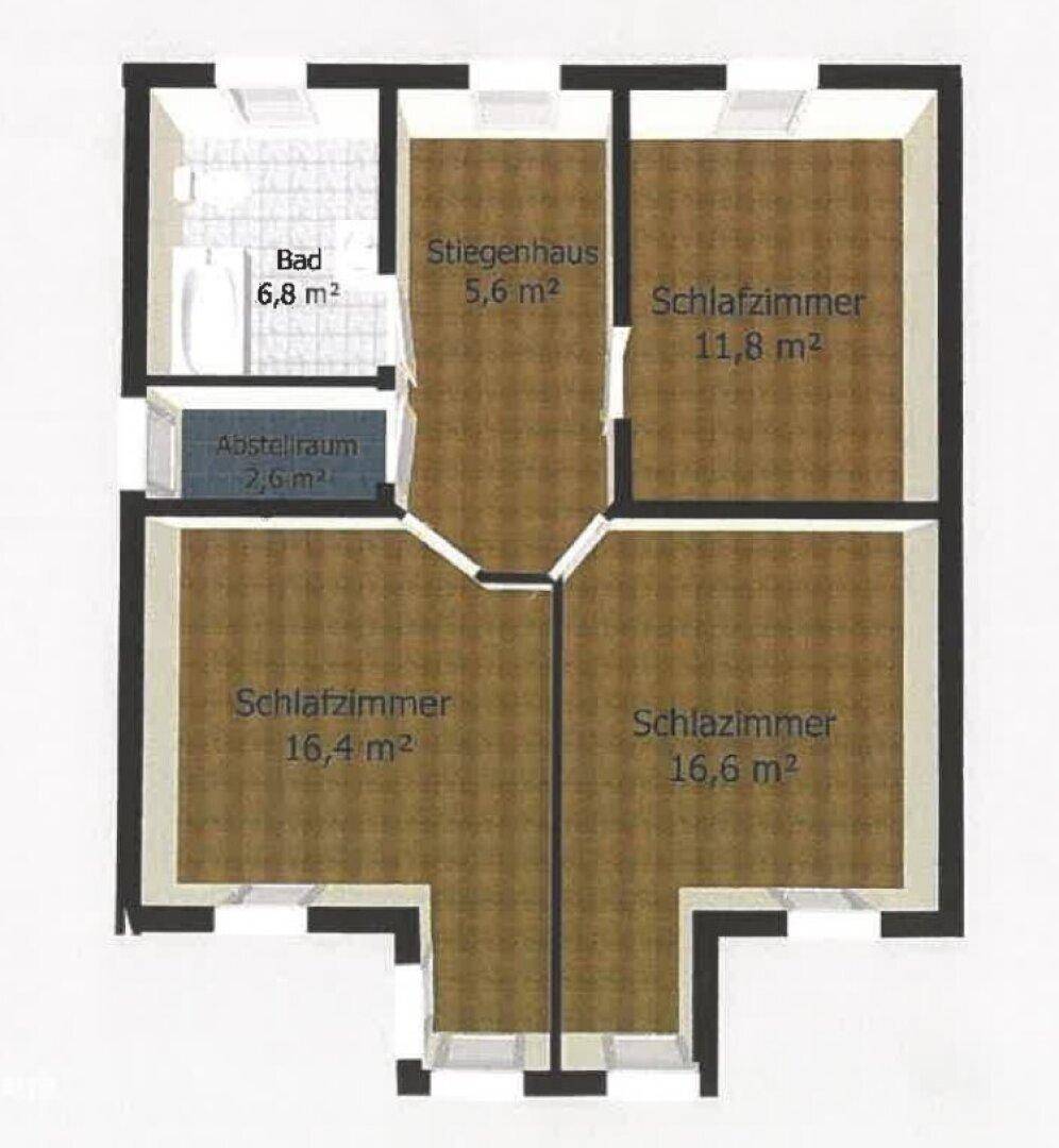 Grundriss des Obergeschosses mit drei Schlafzimmern, Bad und Abstellraum.