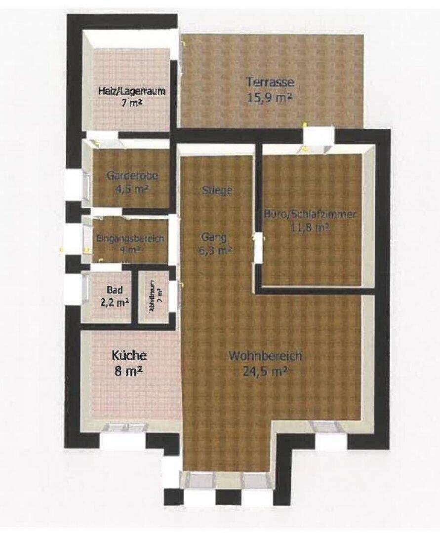 Grundriss des Erdgeschosses mit Wohnbereich, Küche, Büro und Terrasse.