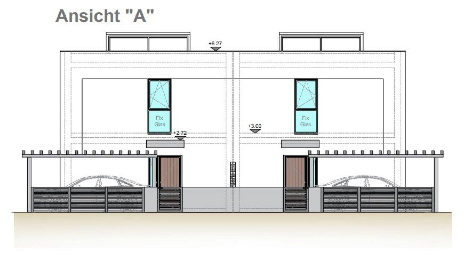 Architektonische Ansicht der Vorderseite eines Doppelhauses mit modernen Fenstern.
