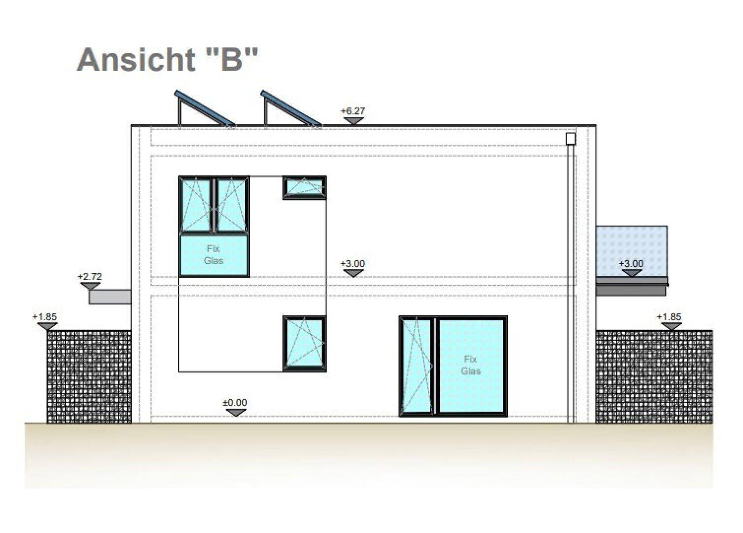 Seitenansicht eines Doppelhauses mit Balkon und Gabionenwand im modernen Design.