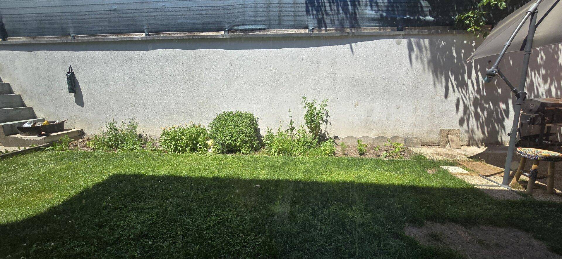 Kleiner Gartenbereich mit Rasenfläche, Pflanzen und einer schattenspendenden Mauer.