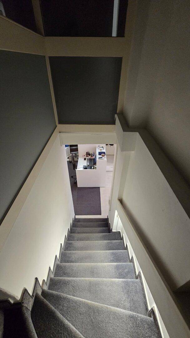 Teppichbelegte Treppe führt hinunter zu einem weiteren Bereich, möglicherweise einem Büro.