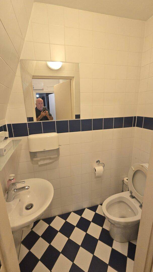 Toilettenraum mit Schachbrettmuster-Fliesenboden, Waschbecken und Spiegel.