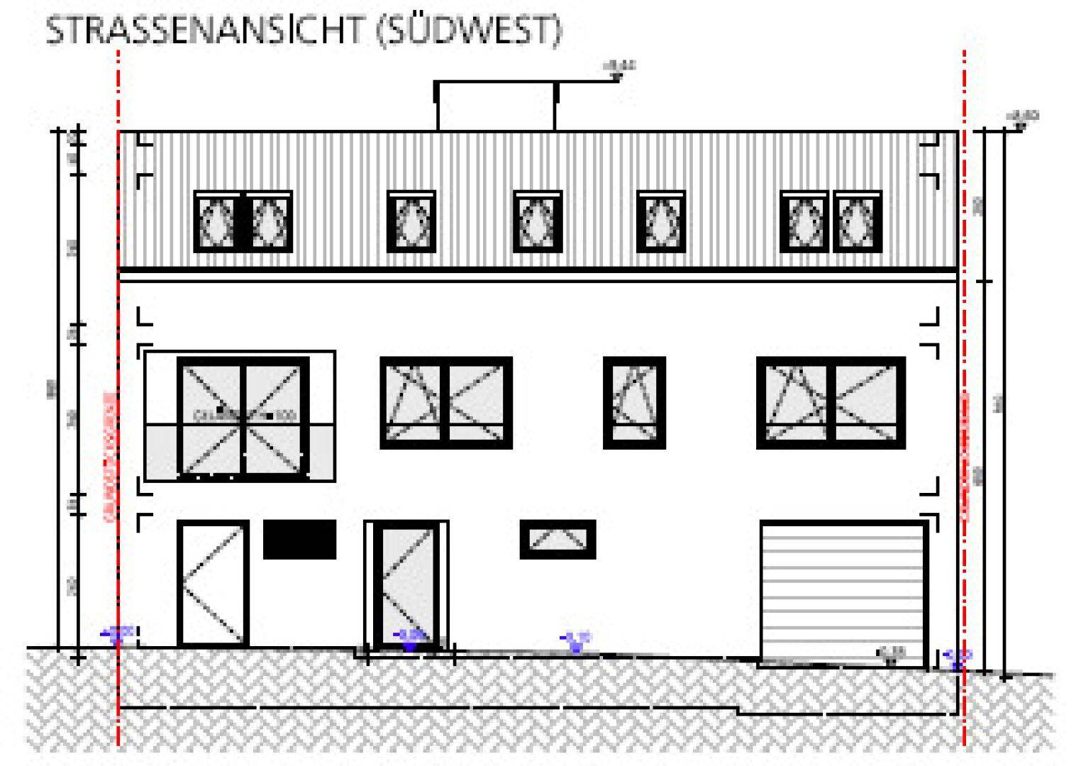 Architektonische Straßenansicht (Südwest) des Gebäudes mit Fenstern und Garagentor.