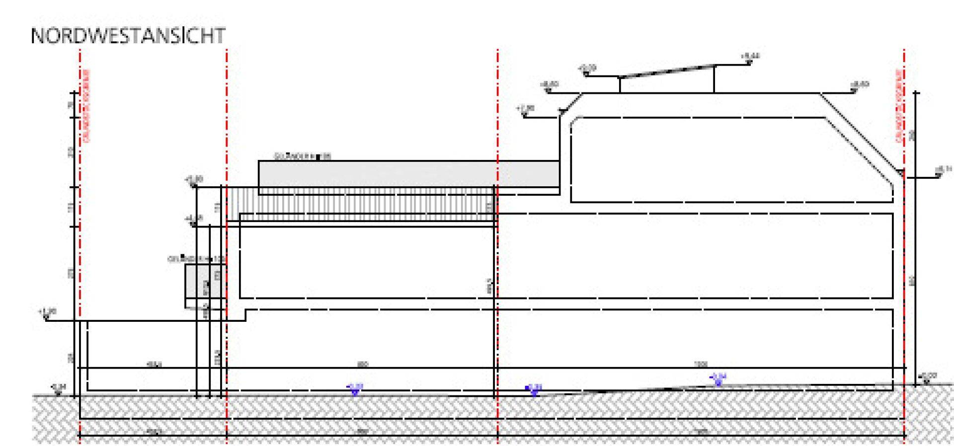 Architektonische Nordwestansicht des Gebäudes mit Höhenangaben und Dachstruktur.