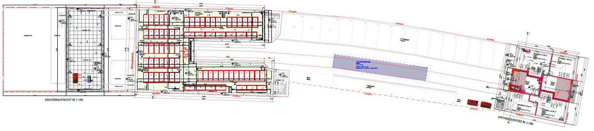Detaillierter Grundrissplan eines großen Gebäudes mit mehreren Wohnungen und zugehörigen Außenbereichen.