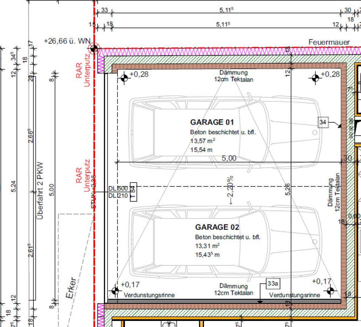 Grundrissplan zeigt zwei separate Garagenstellplätze mit Zufahrt und Dämmung, inklusive Maßen.