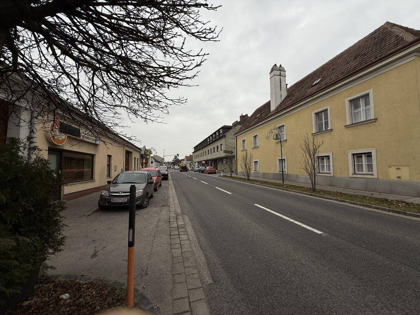 Ansicht einer belebten Dorfstraße mit parkenden Autos und traditionellen Gebäuden unter bewölktem Himmel.