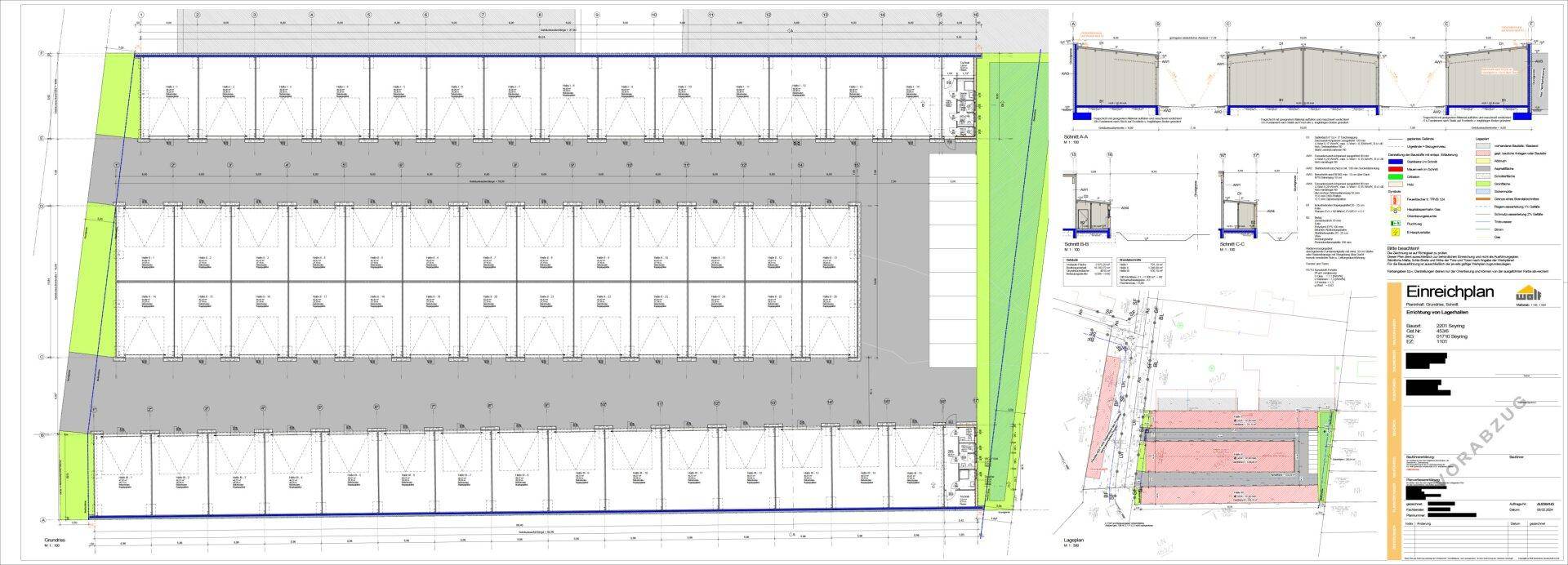 Kombinierter Einreichplan mit detailliertem Grundriss und Lageplan der geplanten Bebauung.