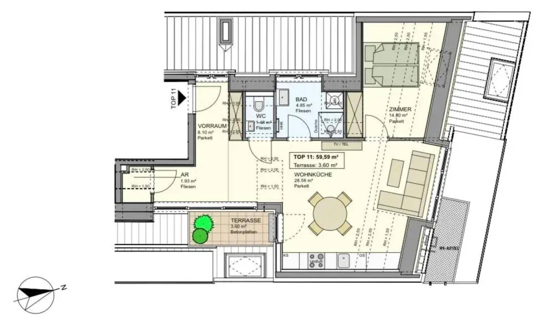 Detaillierter Grundriss einer Wohnung mit Terrasse und offenem Wohnbereich.