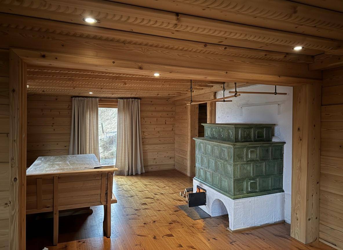 Rustikaler Wohnbereich mit Holzboden, Kachelofen und Blick auf die verschneite Landschaft durch die Fenster.