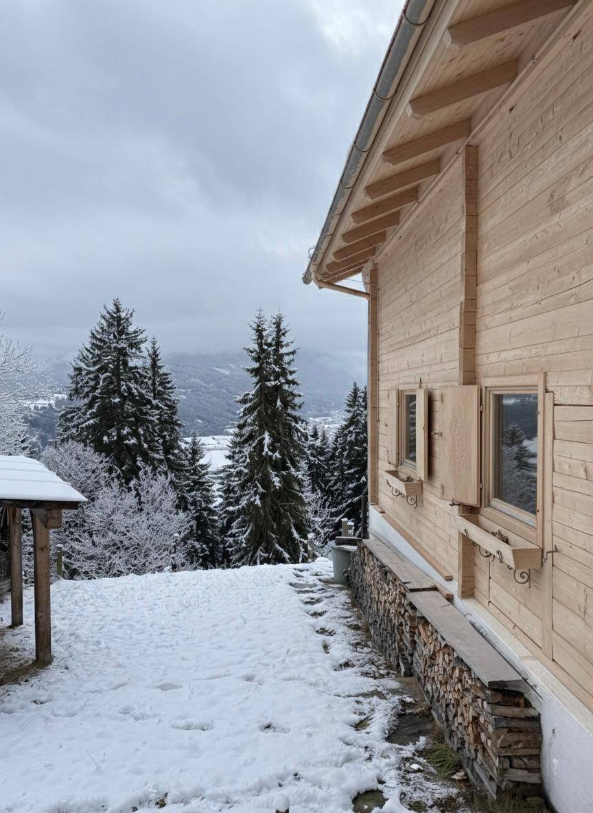 Seitenansicht eines Holzhauses im Winter mit gestapeltem Brennholz und verschneiter Umgebung.
