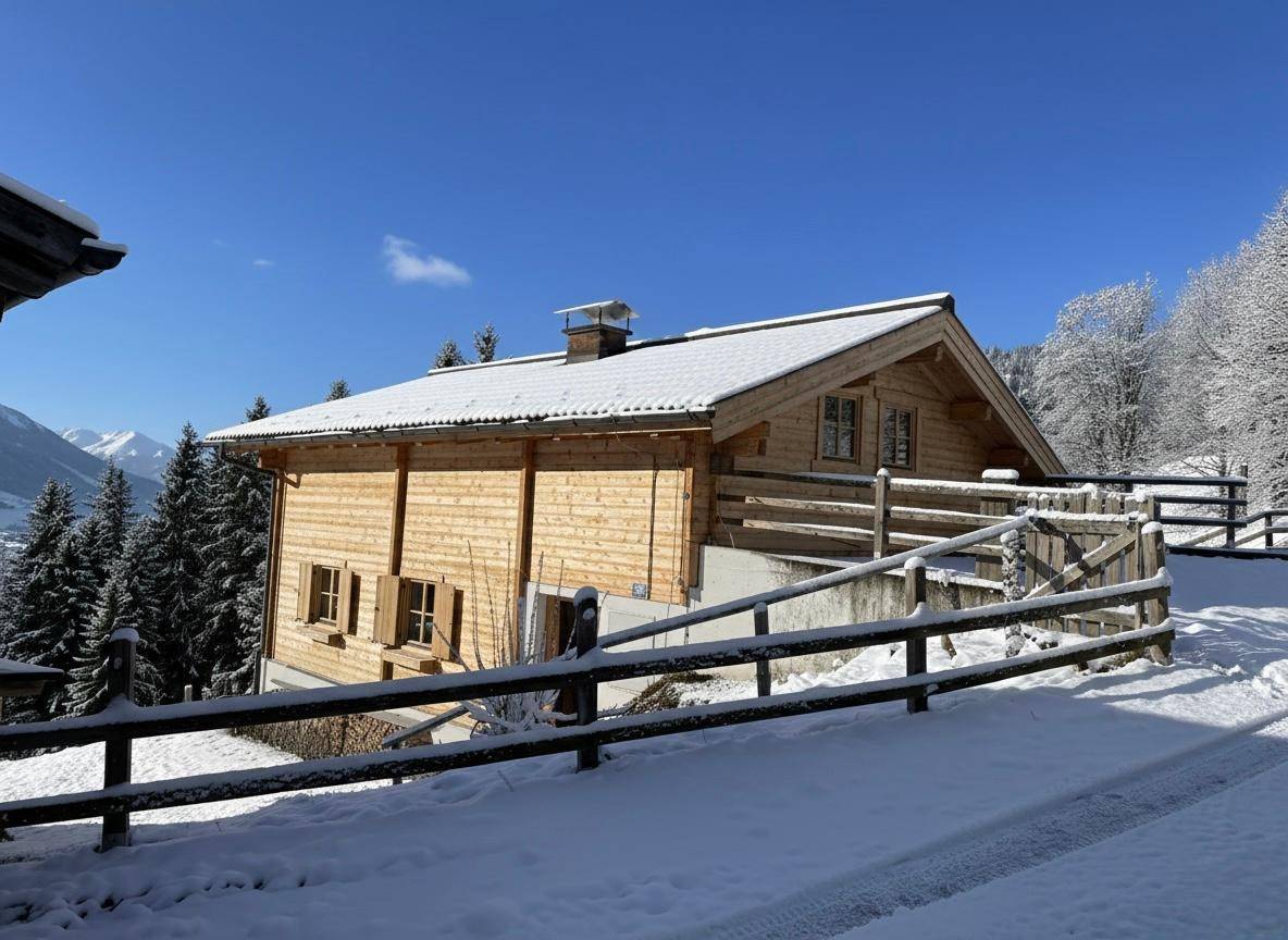 Holzhaus im Winter mit verschneitem Dach und umgebender Landschaft unter strahlend blauem Himmel.