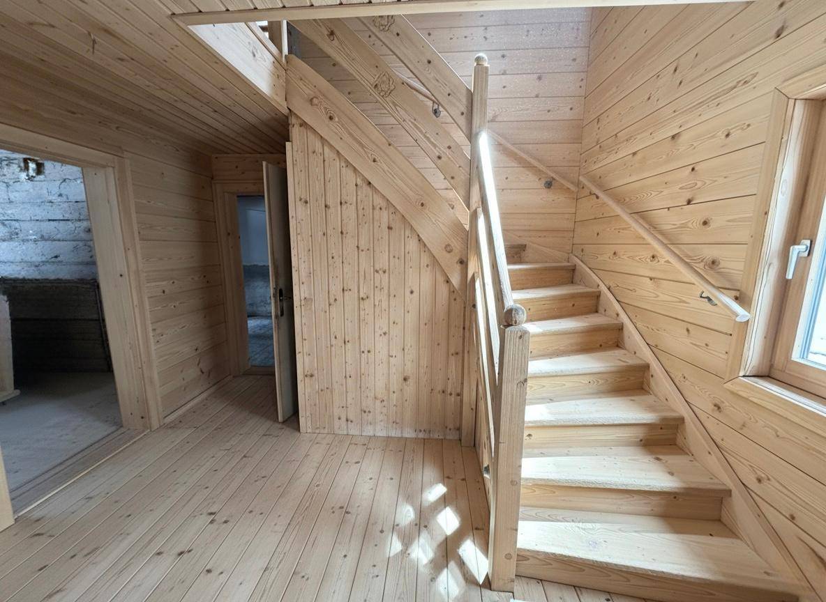 Heller Flur mit Holztreppe und Holzvertäfelung, die den alpinen Stil des Hauses unterstreicht.