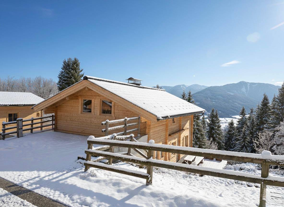 Charmantes Holzhaus mit verschneitem Dach und umliegender Winterlandschaft, umgeben von Bergen.