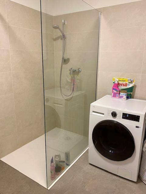 Modernes Badezimmer mit ebenerdiger Glasdusche und einer Waschmaschine auf Fliesenboden.