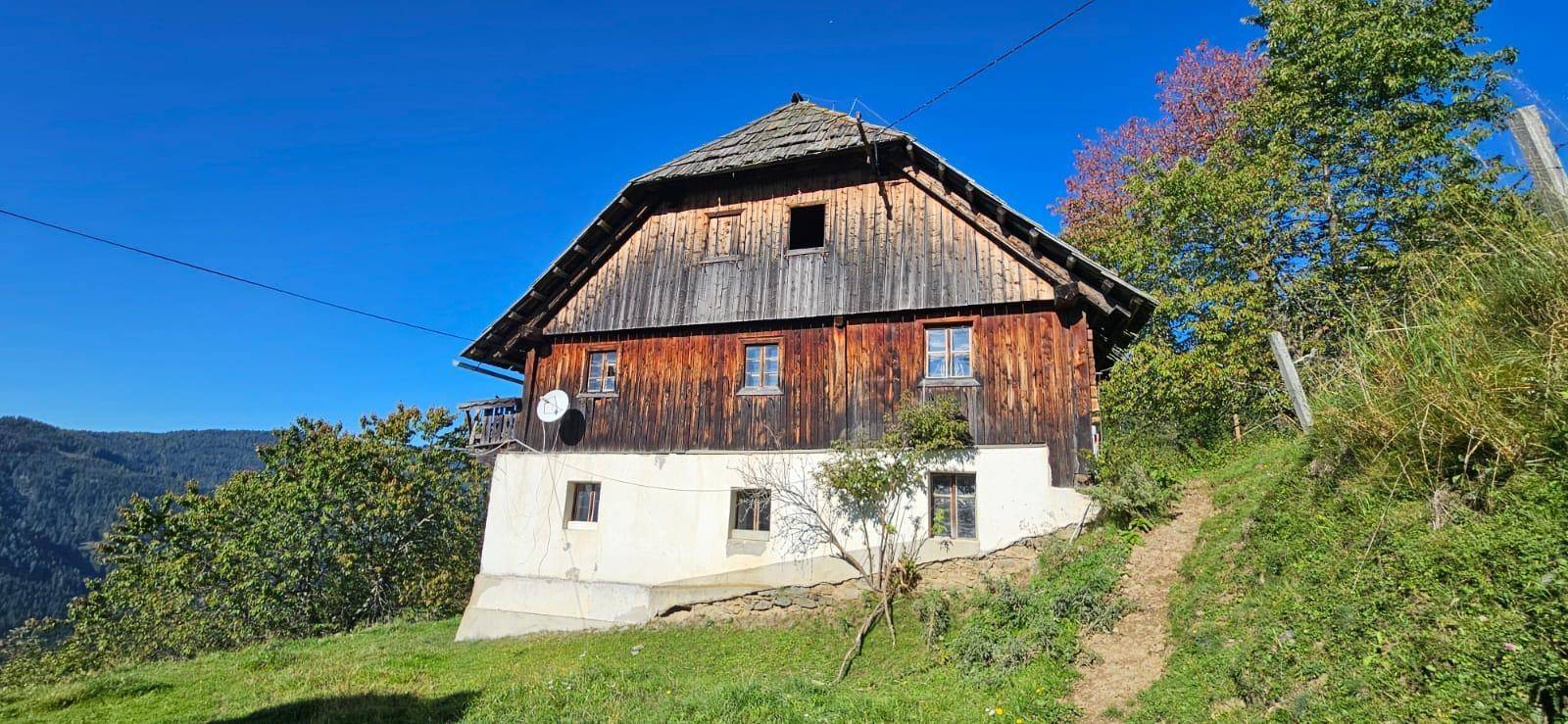 Traditionelles Holzhaus mit Schindeldach und weißem Sockel, eingebettet in eine grüne Berglandschaft.