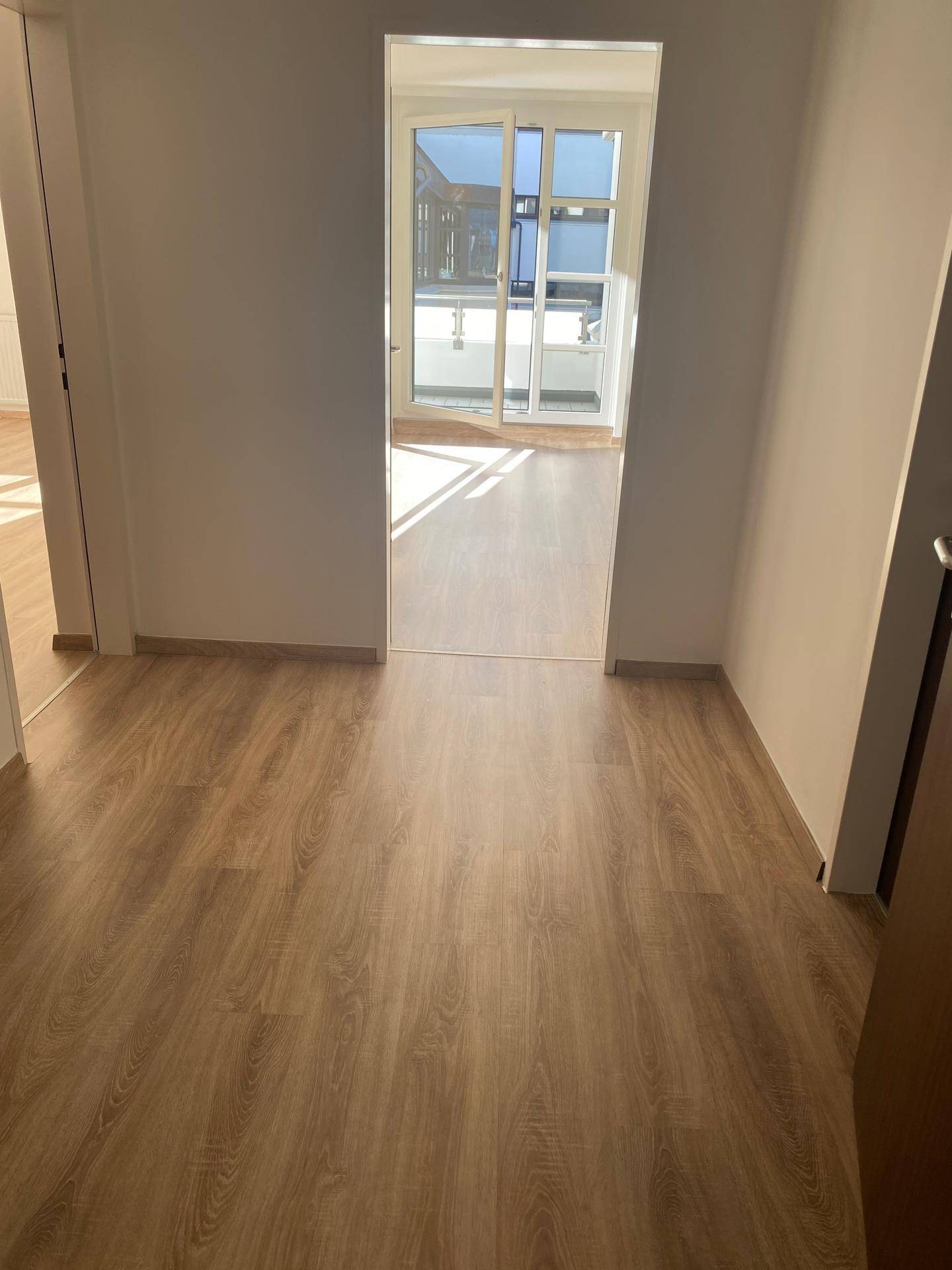 Heller Flur mit Laminatboden, der zu einem lichtdurchfluteten Raum mit Balkonzugang führt.