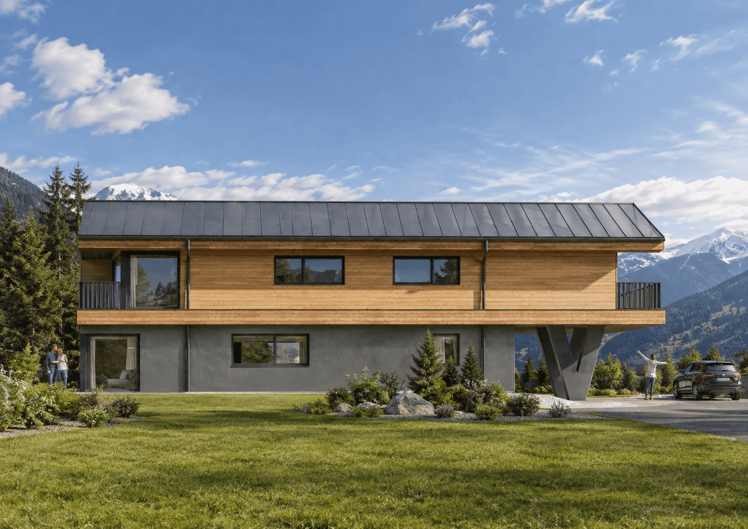Langgestrecktes, modernes Holzhaus mit Flachdach und großen Fenstern, eingebettet in grüne Natur.
