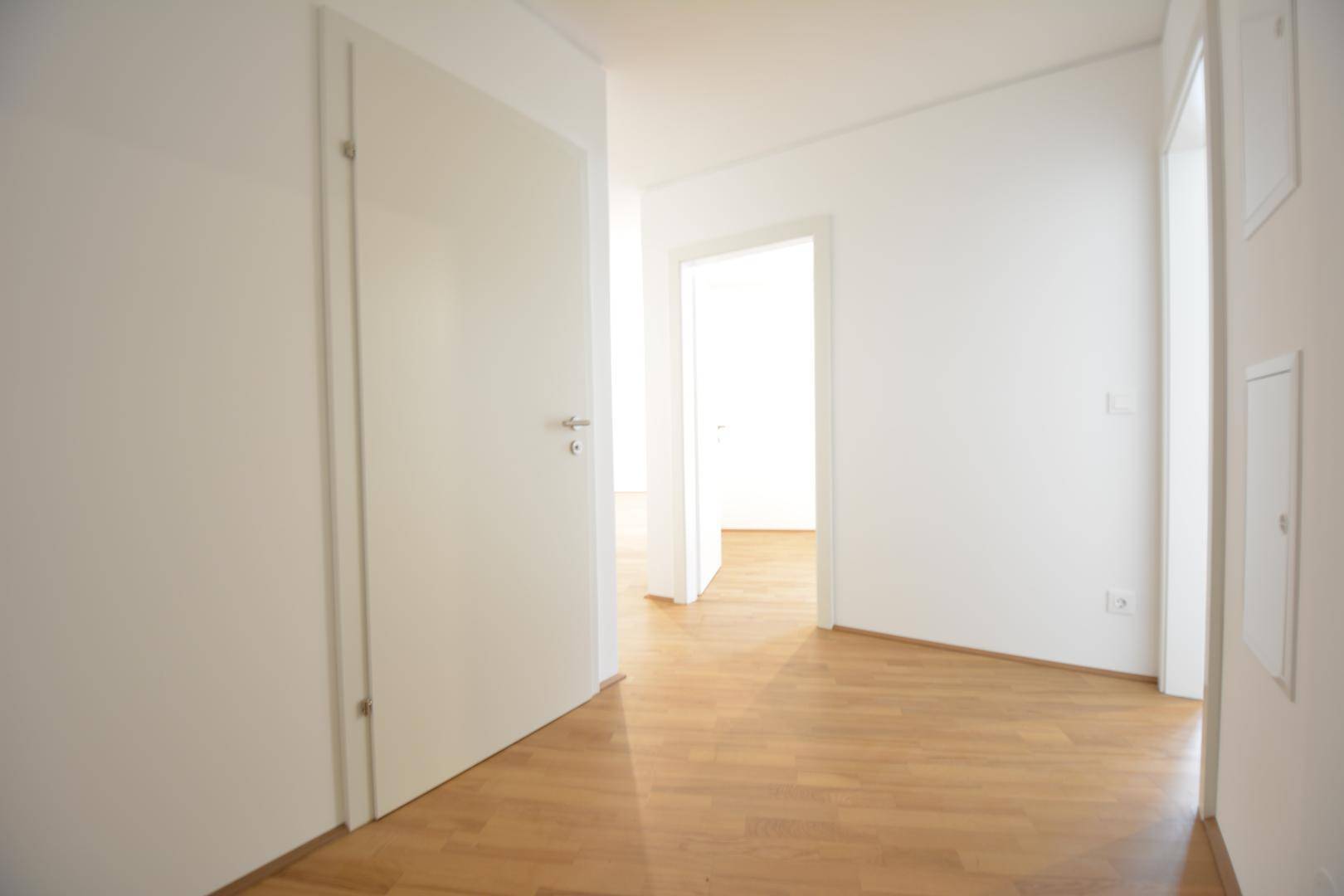 Heller Flur mit Holzboden und weißen Türen, der zu weiteren Räumen führt.