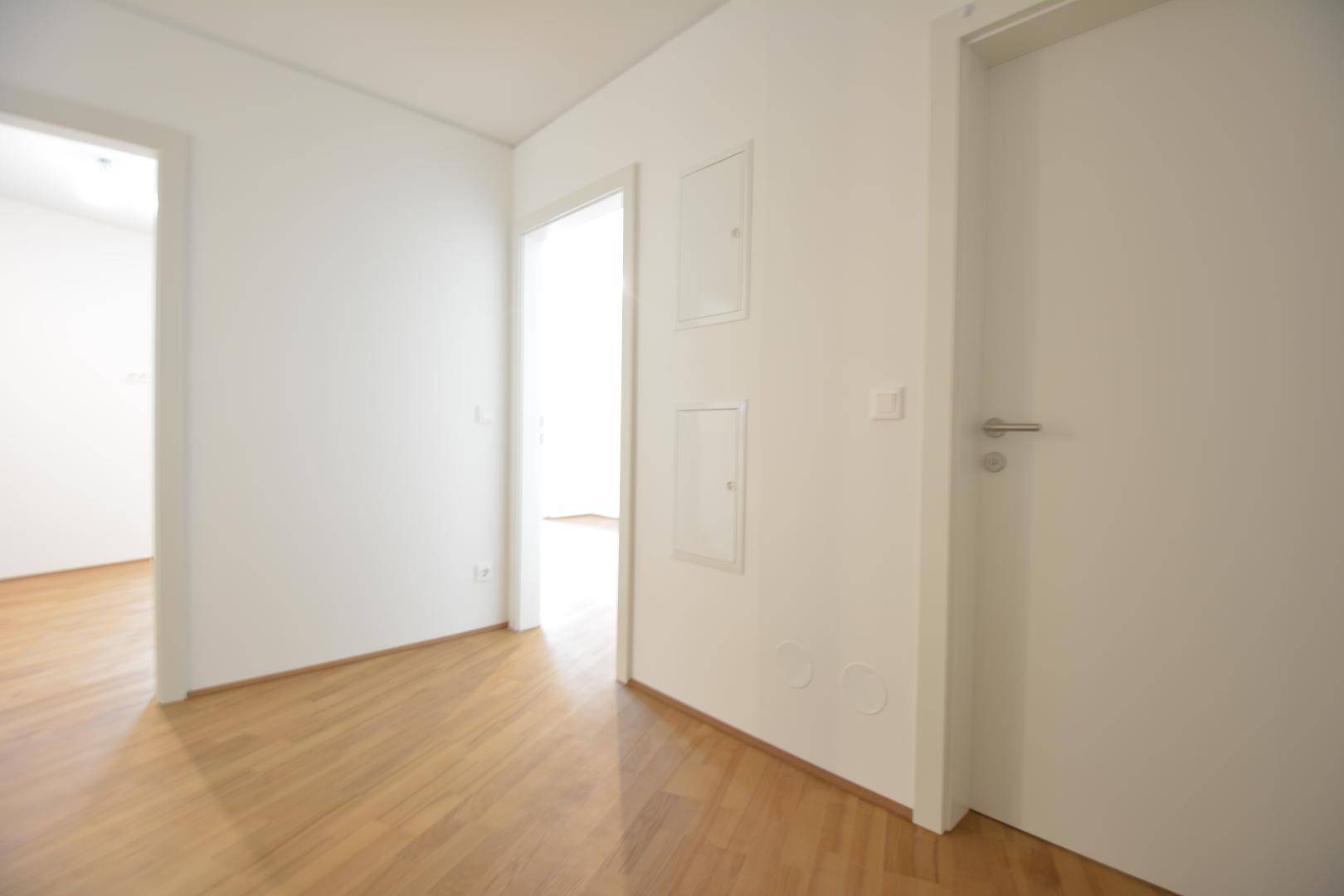 Geräumiger Flur mit weiß gestrichenen Wänden und hellem Holzboden, der mehrere Türen verbindet.