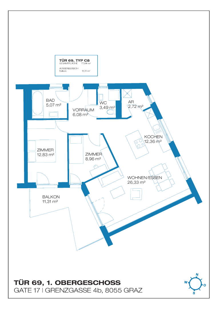 Detaillierter Grundriss einer Wohnung im ersten Obergeschoss mit Balkon und separatem WC.