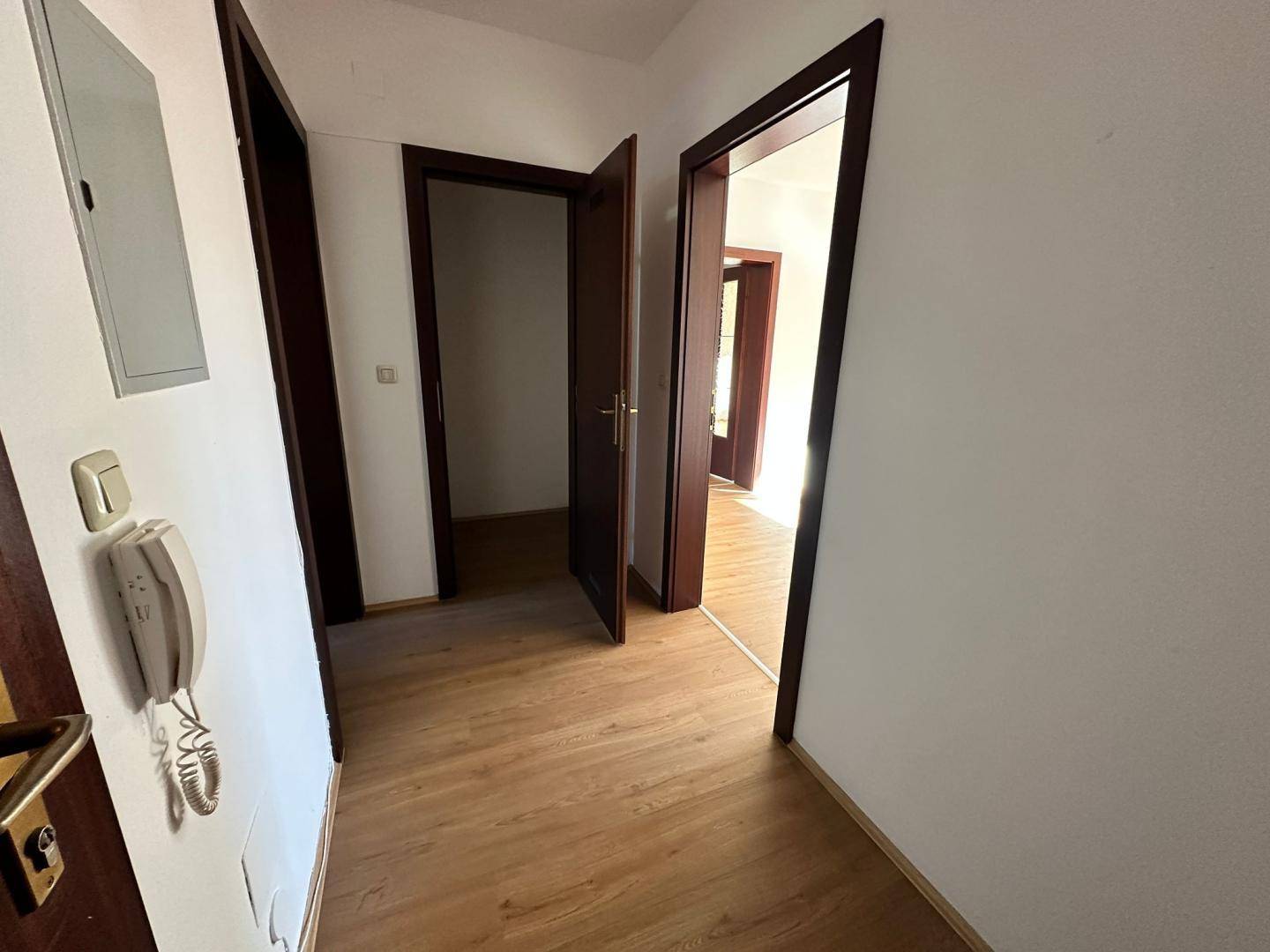 Eingangsbereich mit Laminatboden, Gegensprechanlage und Zugang zu verschiedenen Zimmern.