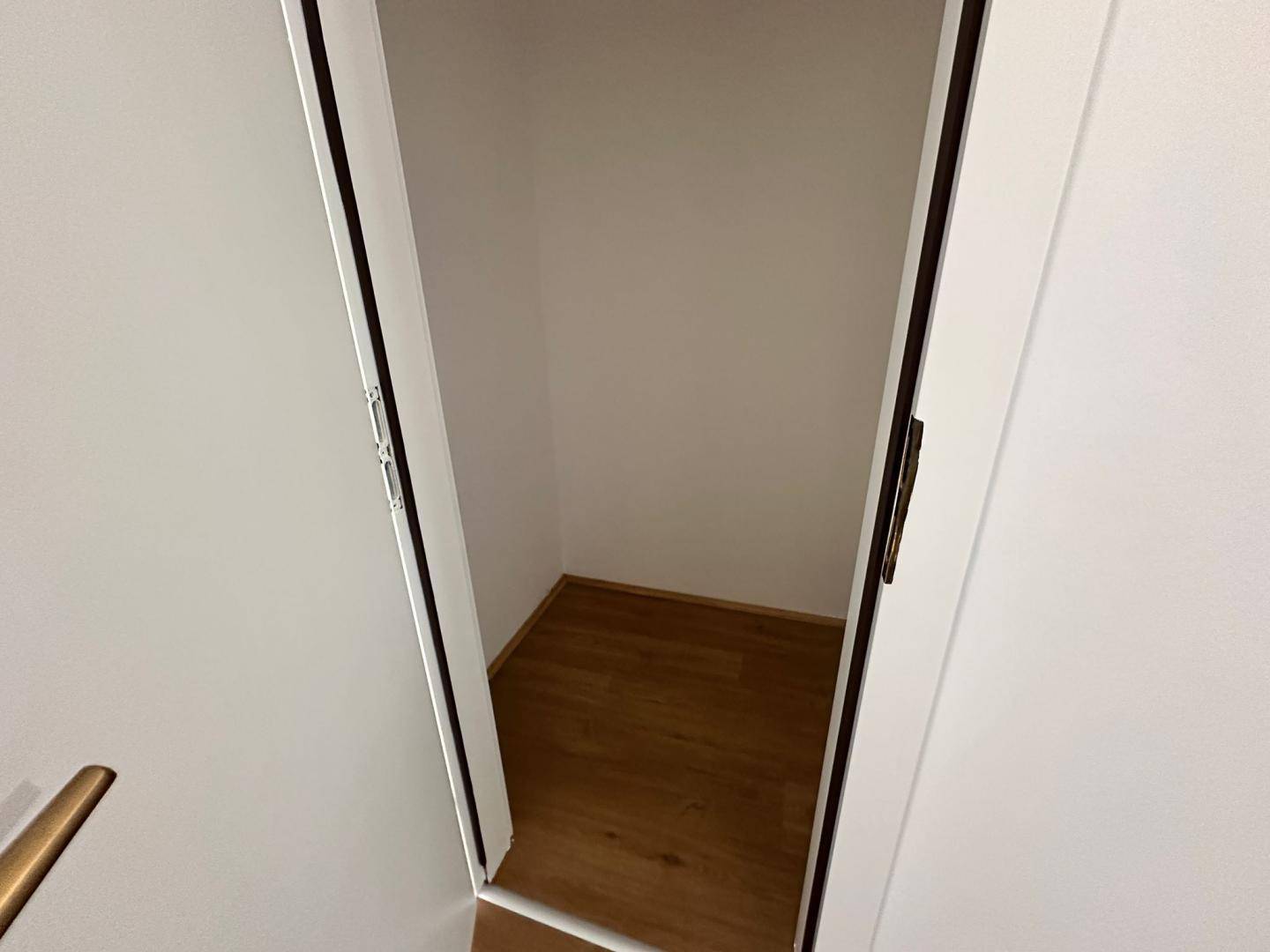 Kleiner, leerer Abstellraum mit Laminatboden, ideal für zusätzlichen Stauraum im Haushalt.