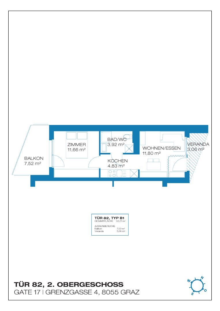Grundriss einer Wohnung im zweiten Obergeschoss mit Balkon und Veranda.