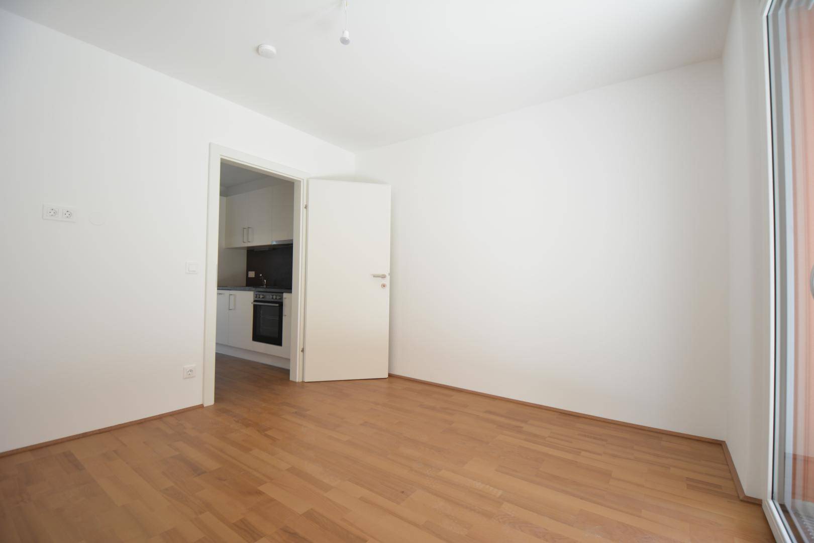Geräumiger Wohnraum mit Holzboden, Blick zur Küche und Zugang zu einem Außenbereich.
