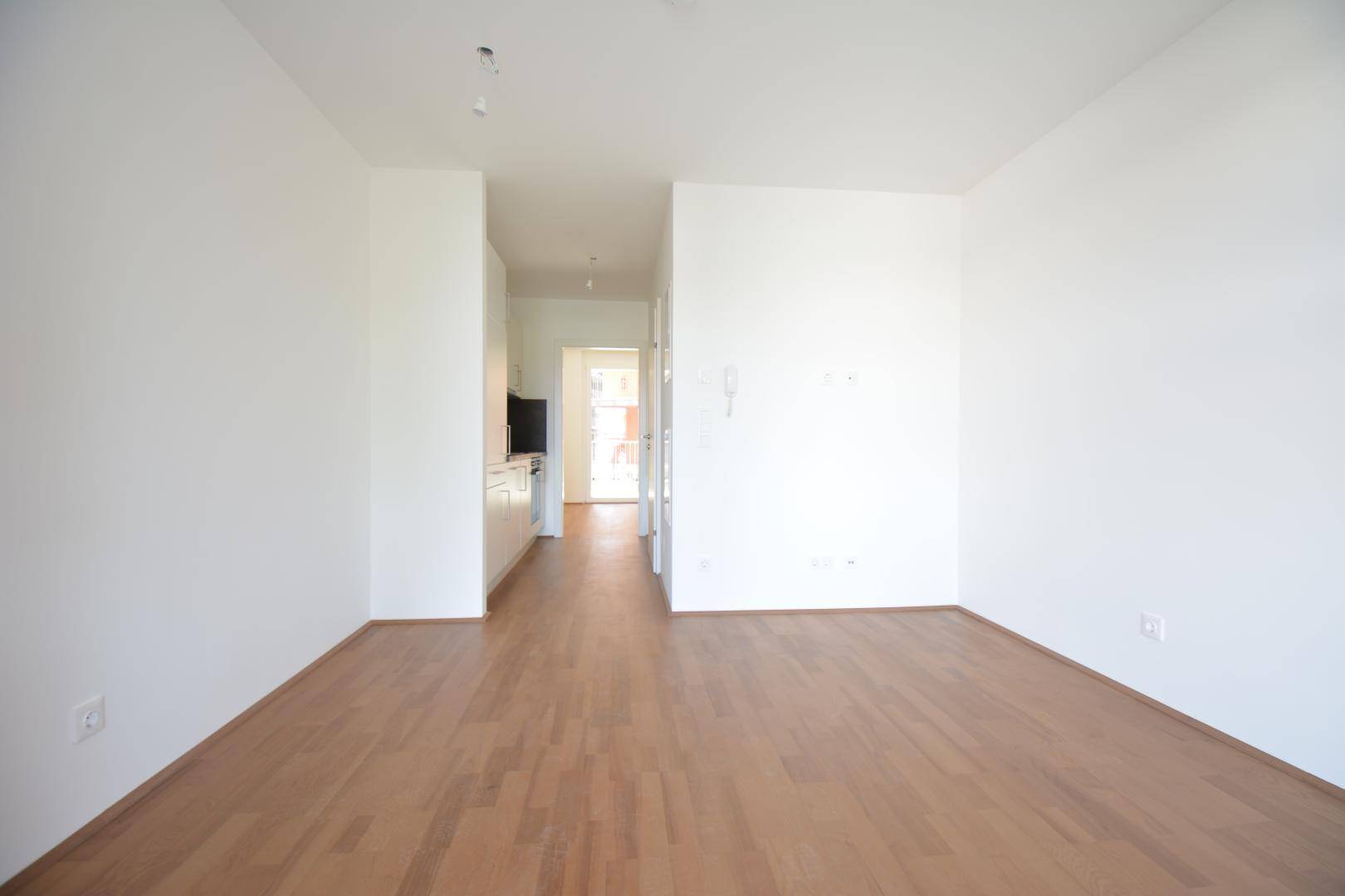 Heller, leerer Wohnbereich mit Holzfußboden und Zugang zu weiteren Räumen.