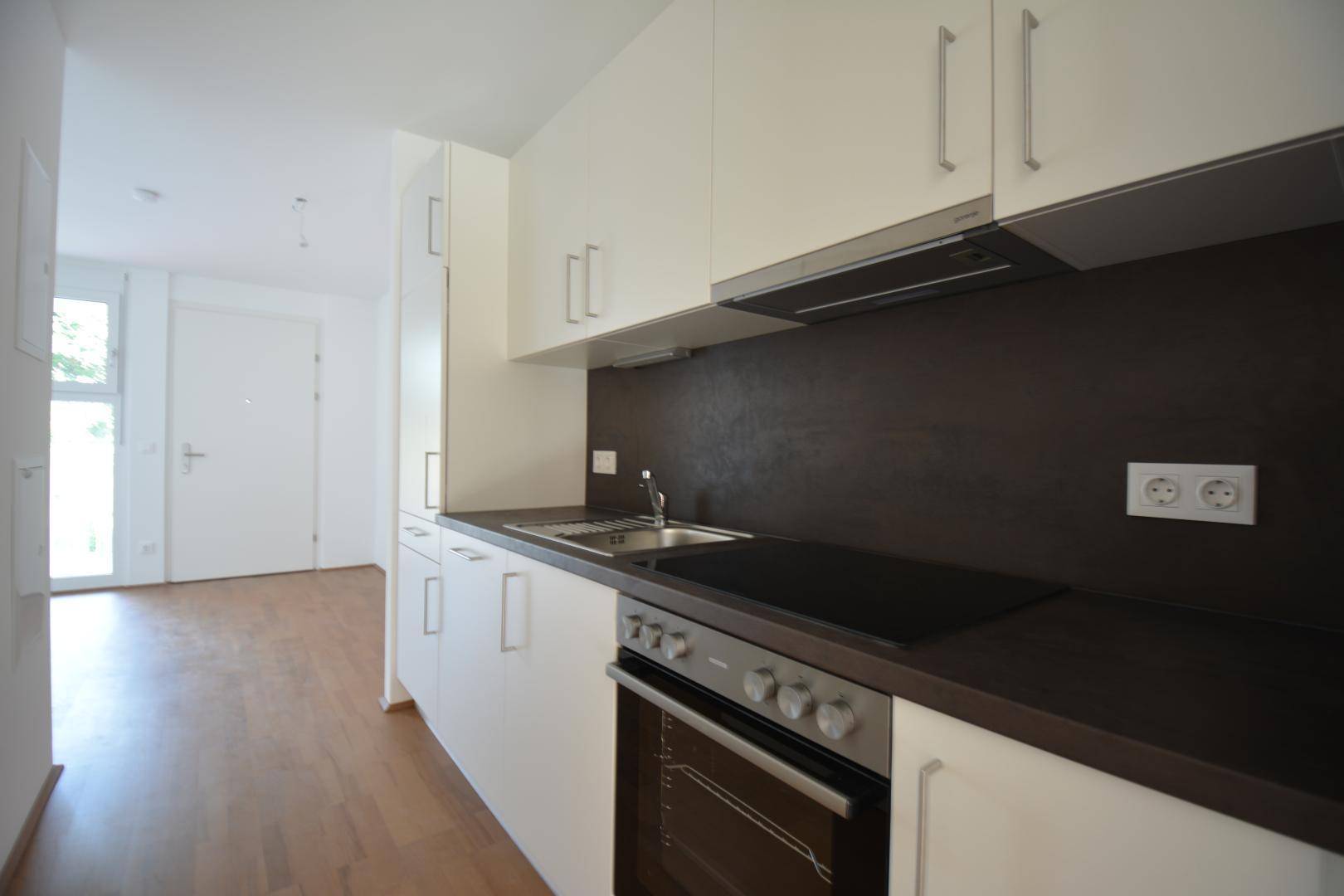Detailansicht der modernen Einbauküche mit Kochfeld, Backofen und Dunstabzugshaube.