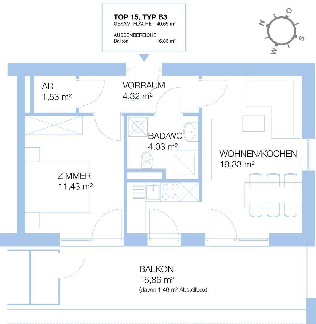 Detaillierter Grundriss der Wohnung mit Raumaufteilung und Flächenangaben für Balkon und Zimmer.