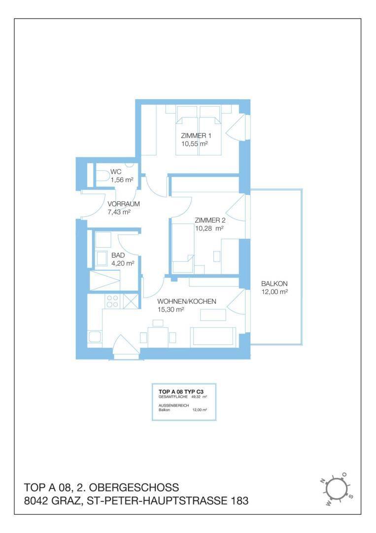 Grundriss der Wohnung Top A 08 im zweiten Obergeschoss mit Balkon.