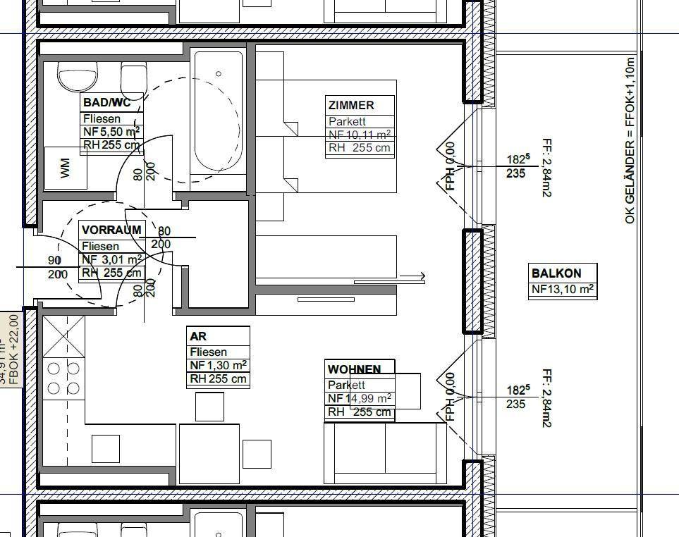 Detaillierter Grundriss einer Wohnung mit Bad, Zimmern, Wohnbereich und einem Balkon.