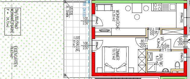 Detaillierter Grundriss einer Wohnung mit Wohnküche, Schlafzimmer, Bad, Terrasse und Eigengarten.