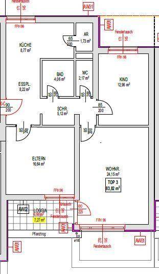 Grundriss der Wohnung mit Küche, Bad, WC, Abstellraum, Loggia und drei Zimmern.