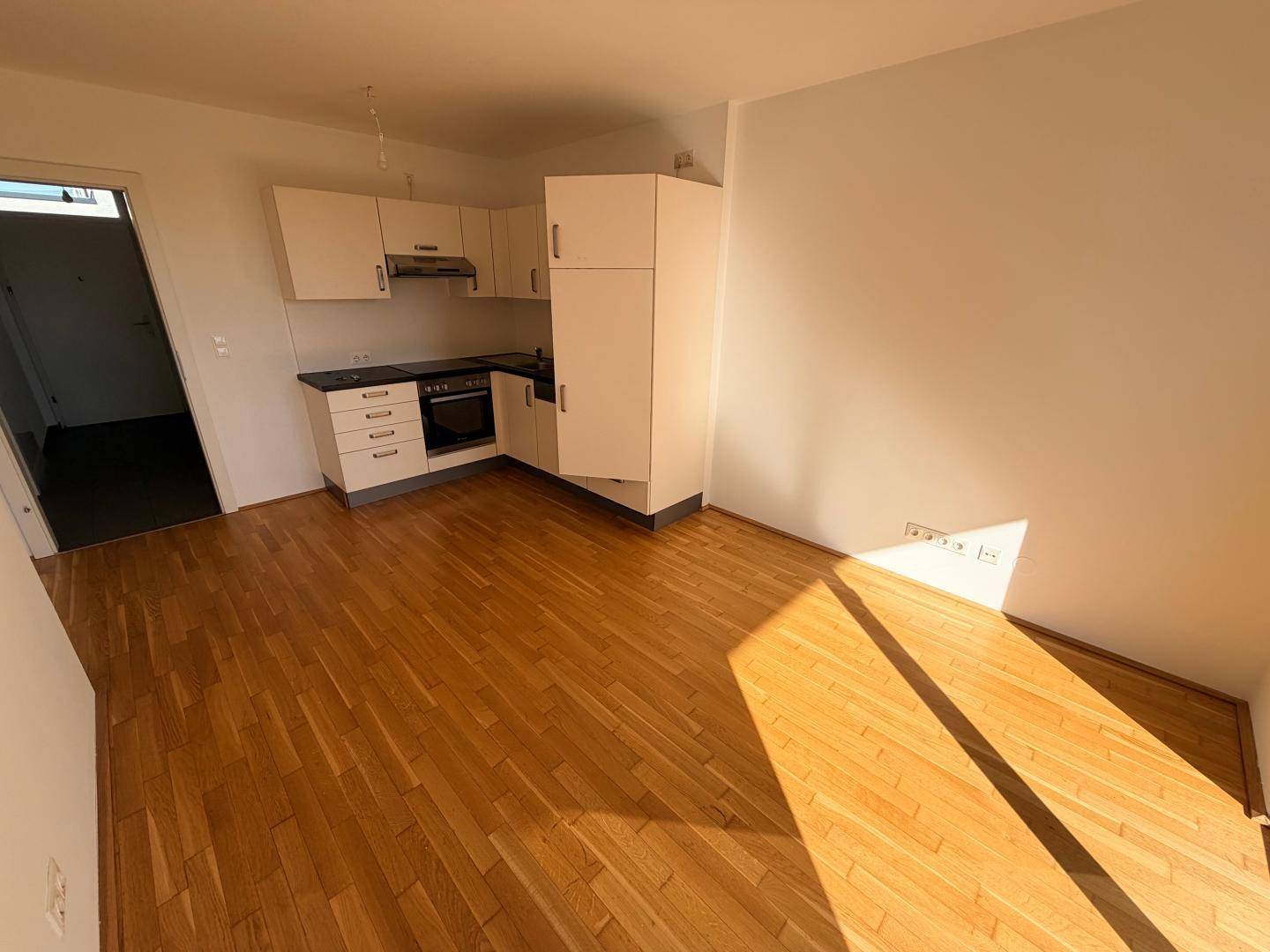 Offener Wohnbereich mit Küchenzeile, Holzboden und viel natürlichem Licht durch die Fenster.