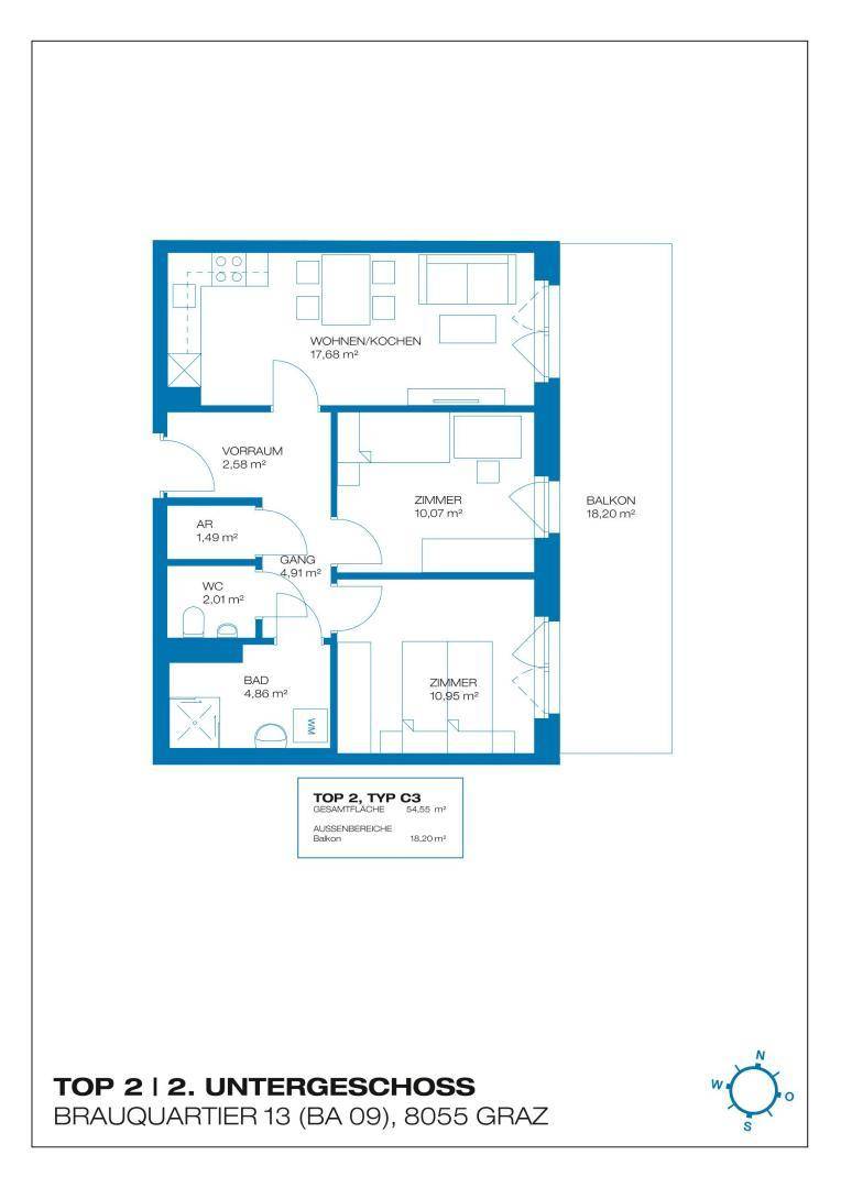 Grundriss einer Wohnung mit Wohn-/Kochbereich, zwei Zimmern, Bad und Balkon.