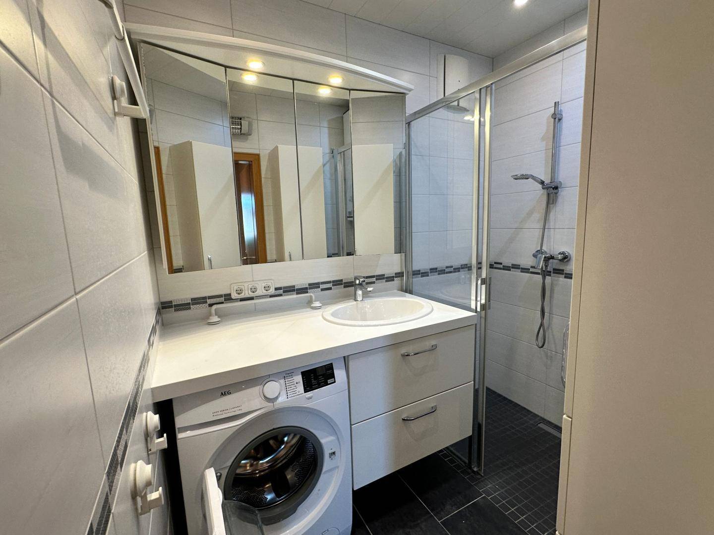Badezimmer mit Waschbecken, Spiegelschrank und einer Waschmaschine unter der Arbeitsplatte.