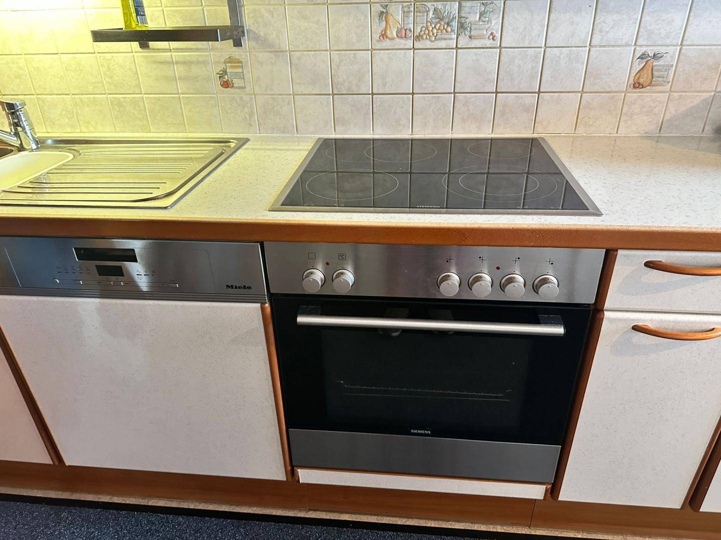 Nahaufnahme der Küchenzeile mit Spülmaschine, Backofen und Induktionskochfeld von deutschen Herstellern.
