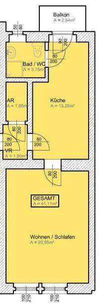 Grundriss der Wohnung mit Wohn-/Schlafbereich, Küche, Bad und Balkon.