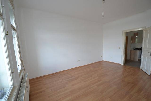 Heller, leerer Wohnraum mit großen Fenstern und hellem Laminatboden.