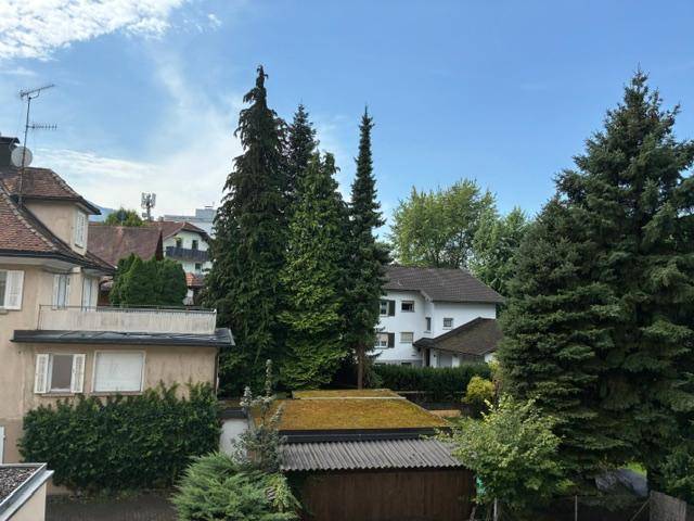 Blick auf die umliegende Wohnbebauung mit viel Grün und hohen Bäumen unter blauem Himmel.