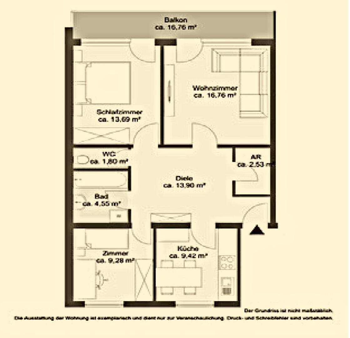 Detaillierter Grundriss einer Wohnung mit Schlafzimmer, Wohnzimmer, Küche und Balkon.